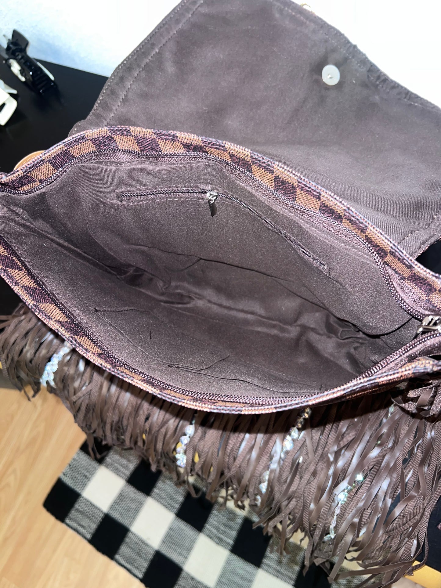 Checkered Fringe Crossbody