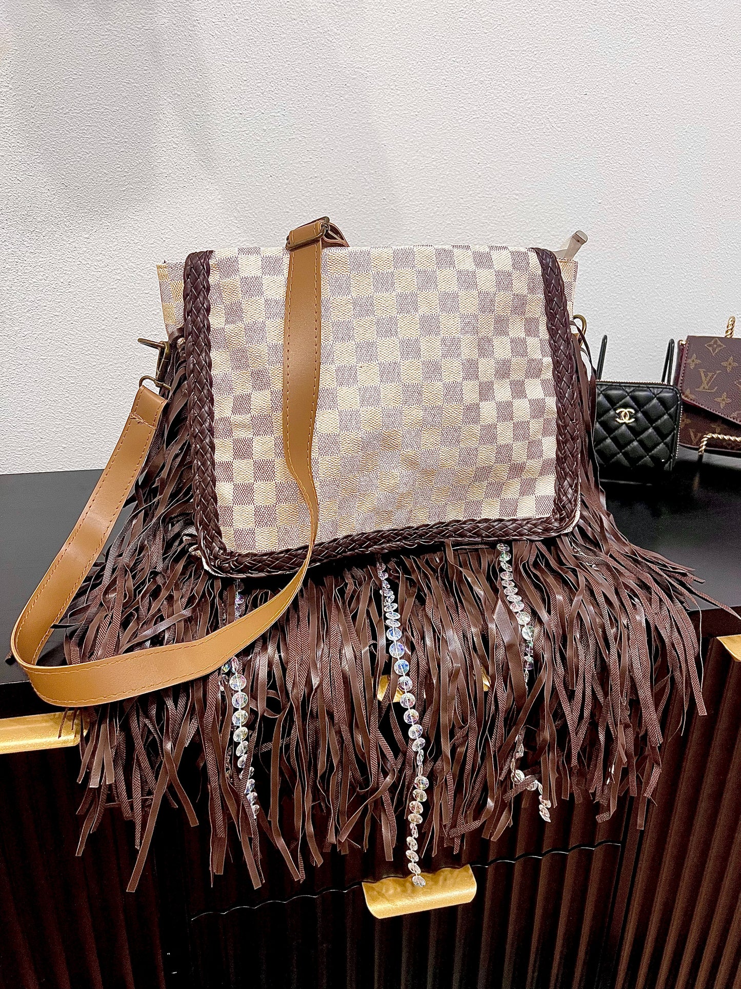 Checkered Fringe Crossbody