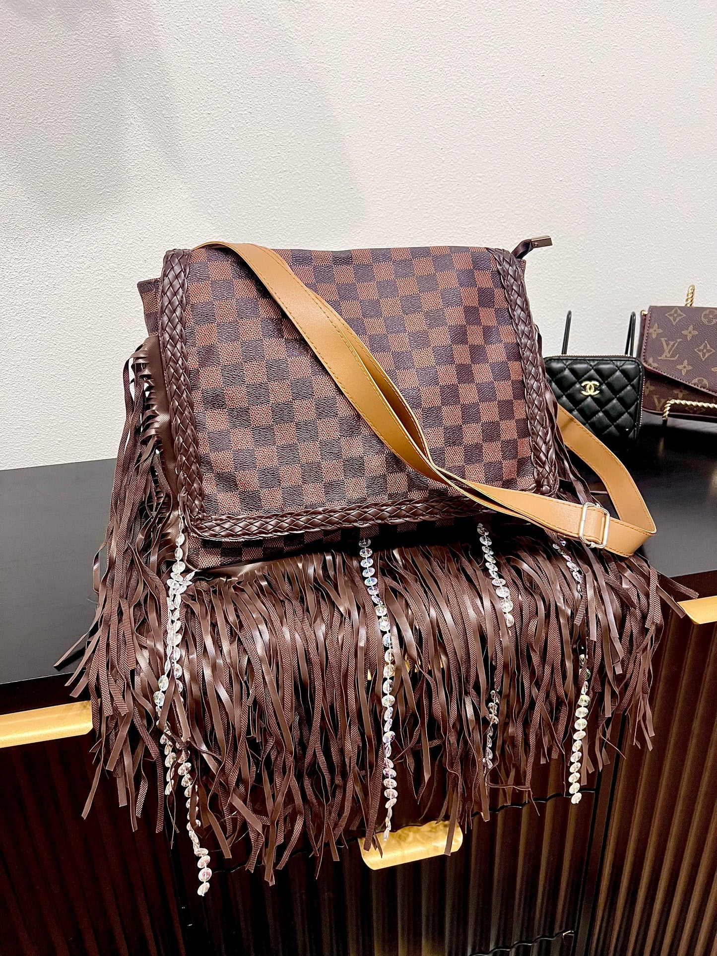Checkered Fringe Crossbody