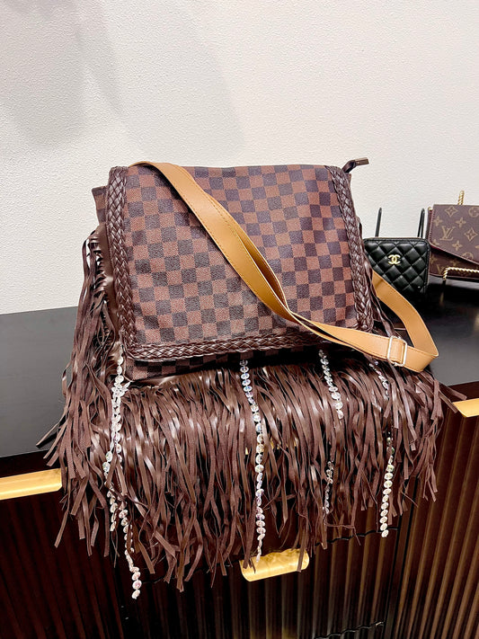 Checkered Fringe Crossbody